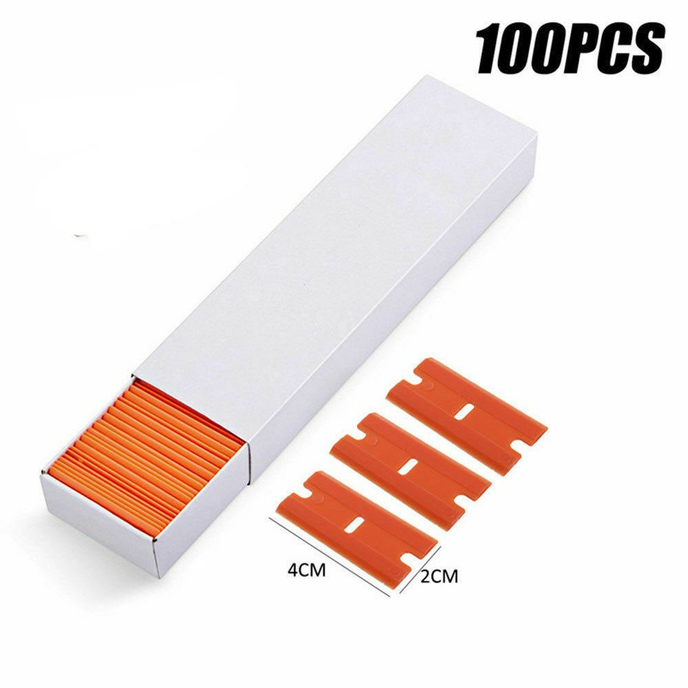  Plastic Razor Blades Scraper Tool - 2 Pack Wall Paint Remover  with 100 PCS Blades Kit No Scratch Car Window Glass Wood Sticker Removal  Floor Stove Kitchen Vinyl Adhesive Decal Tape