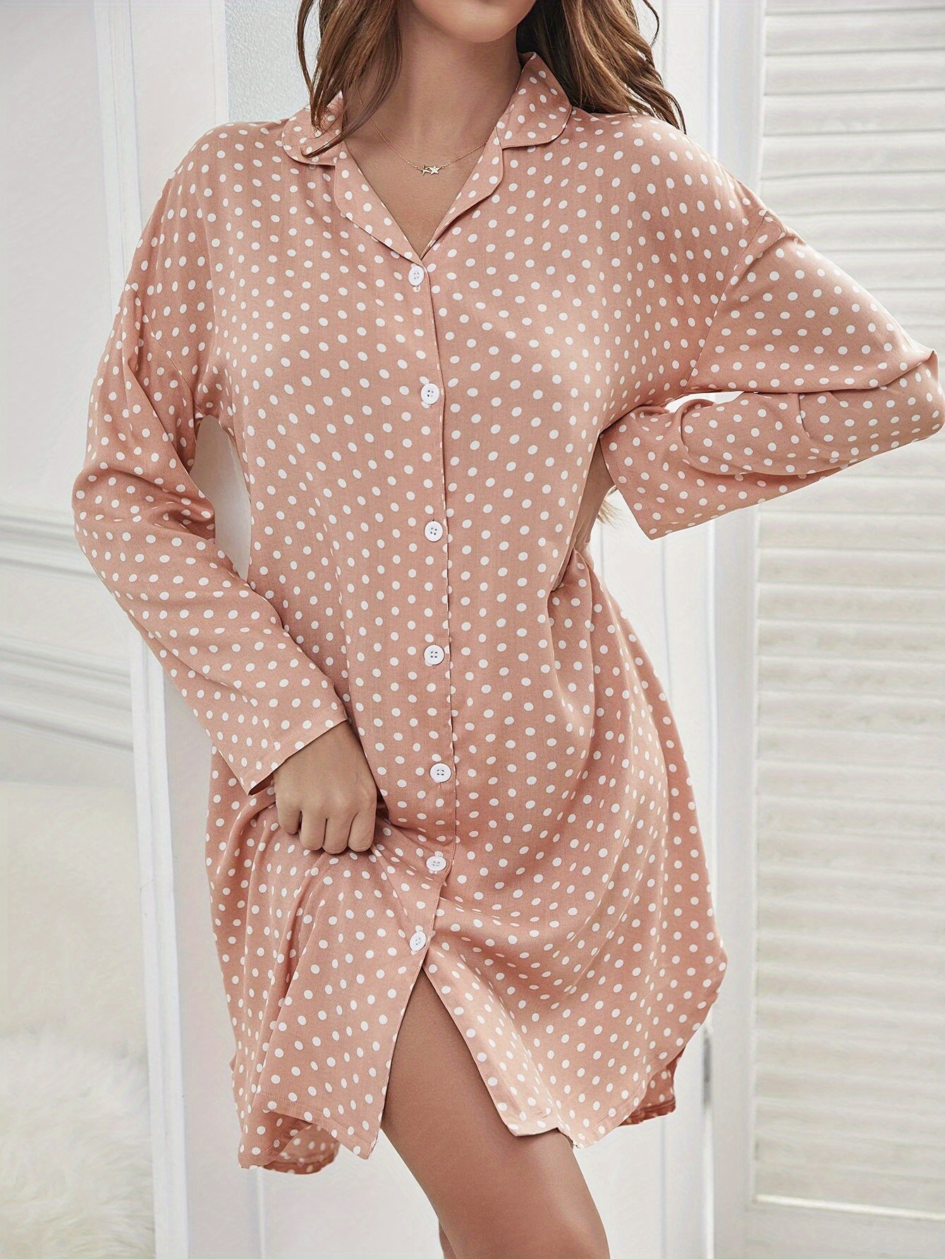 Polka Dot Long Sleeve Nightdress Casual Lapel Buttons Pajama Temu