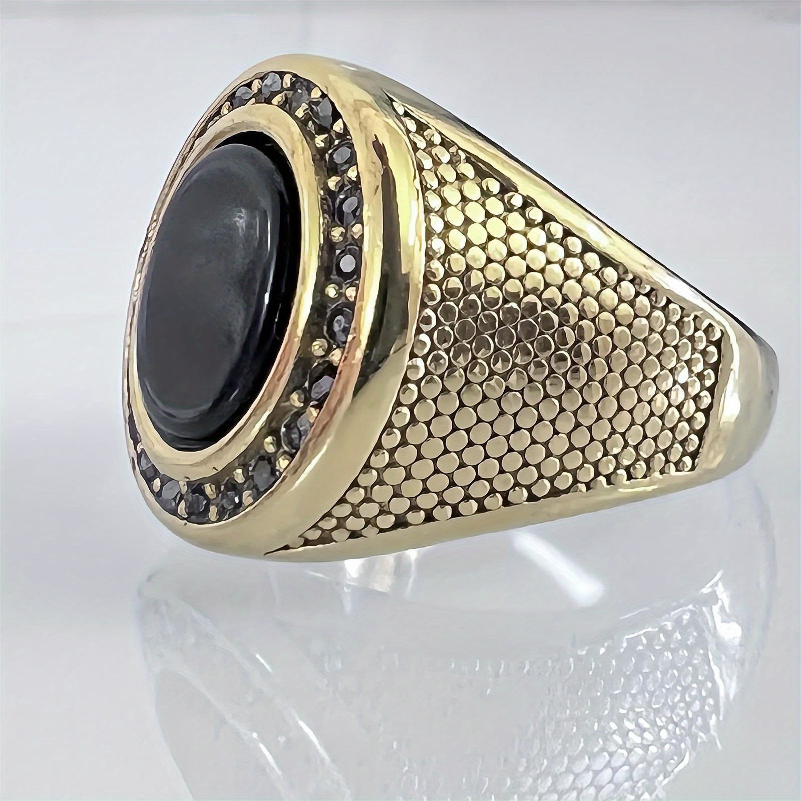 Vintage Black Onyx Golden Stainless Steel Mens Ring 