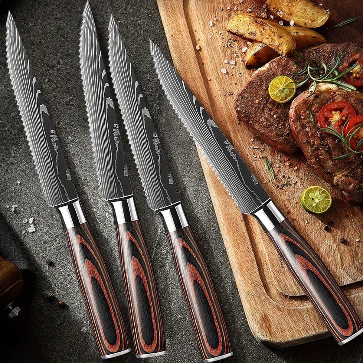 XT XITUO Steak Knives Set of 6 Piece Damascus Patterned Stainless Steel  Serrated Knife Wooden Handle Beef Cleaver Multipurpose Restaurant Cutlery