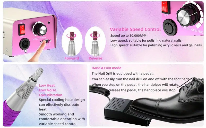 30000rpm professional nail drill machine for acrylic nail gel nails powerful electric nail file with foot pedal manicure pedicure polishing shape tools for home salon use purple details 4