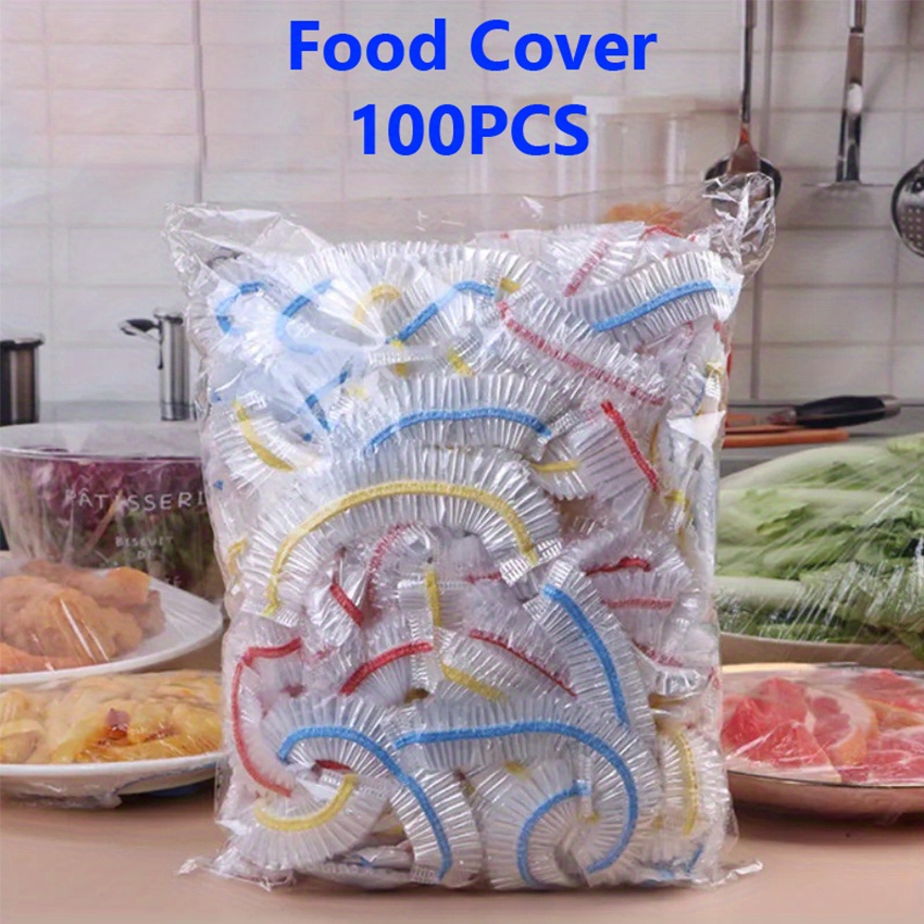 100 Pcs Reusable Plastic Food Covers with Elastic, PE Food Storage Covers Plate Wrap, Transparent Bowl Covers for Outside, Fresh Fruits Leftover and