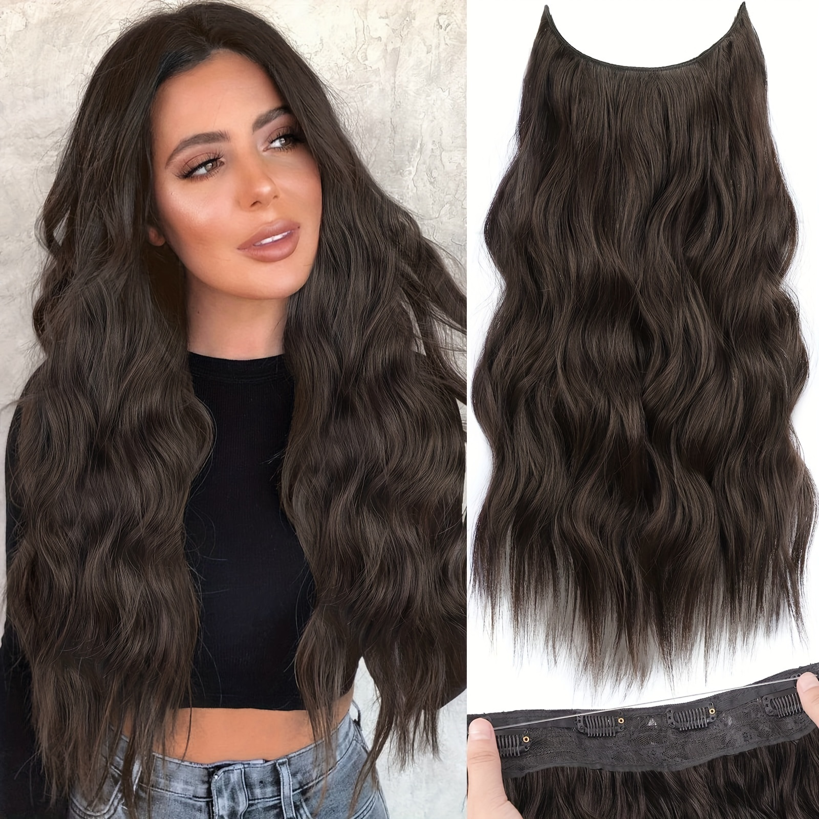 Water Wave Hair Piece Wig Orange-Brown Natural Looseness Increases Hair Volume Invisible Wire Secret Hairpieces with Secure Clips in Hair