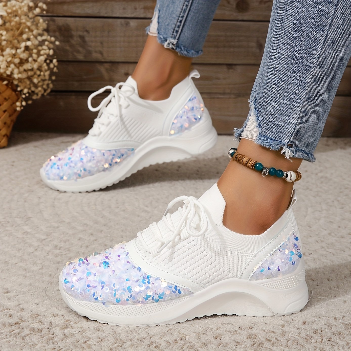 Women's Glitter Sequins Decor Sneakers Casual White Lace Up - Temu