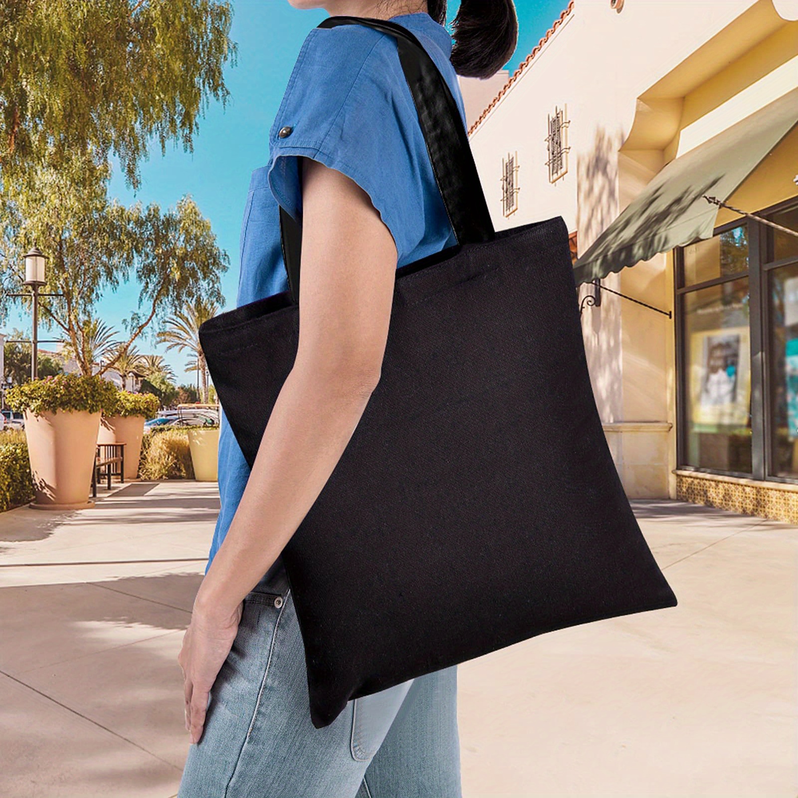 Black Reusable Large Canvas Tote Bags Women's Bags And Blank - Temu