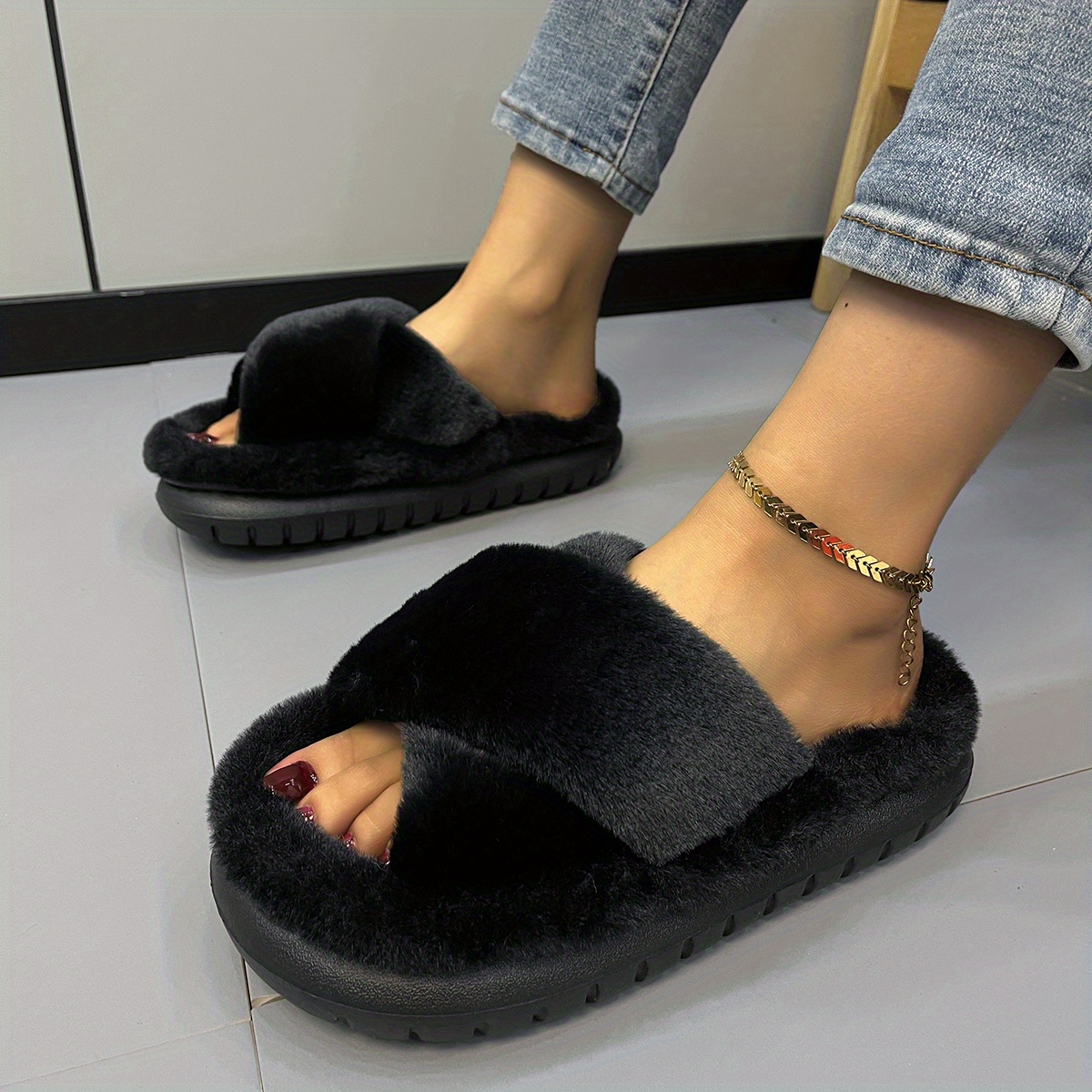 Women's Platform Fuzzy House Slippers, Open Toe Criss Cross Solid