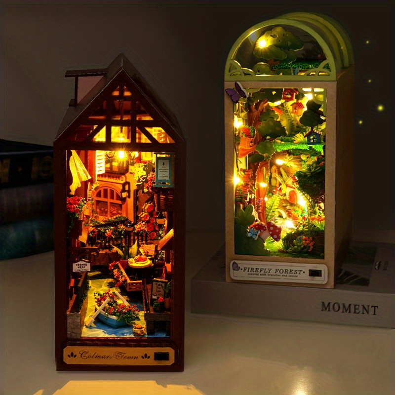 Diy Book Nook Kit - Diy Miniature Bookend Town Forest With Led Light, 3d  Puzzle Wooden Art Bookshelf Insert Decor, Model Kits For Teens/adults To  Buil