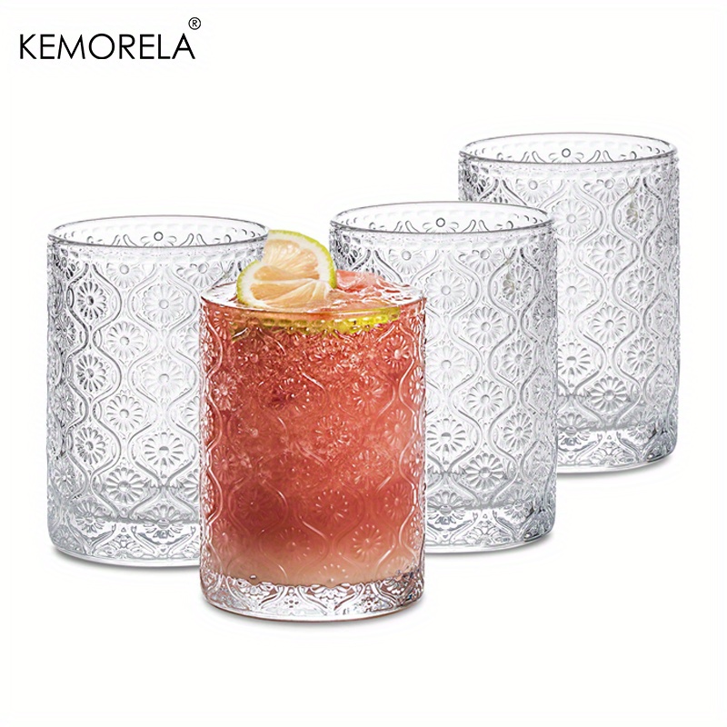 4pcs 12.5/13.5oz Glass Cups Vintage Glassware, Embossed Pattern Style Transparent Glasses Set With Straw And Coaster, Romantic Water Glasses, Bar Beverages Ice Coffee Cup Juice