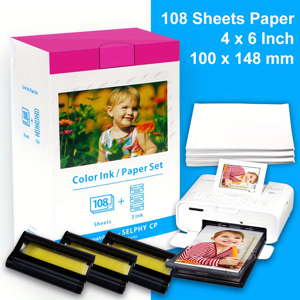 Label KINGDOM Compatible Canon Selphy CP1200 CP1300 Photo Printer Ink and  Paper, KP-108IN 3 Color Ink Toners / 108 (4x6) Paper Sheets Set for  CP1500