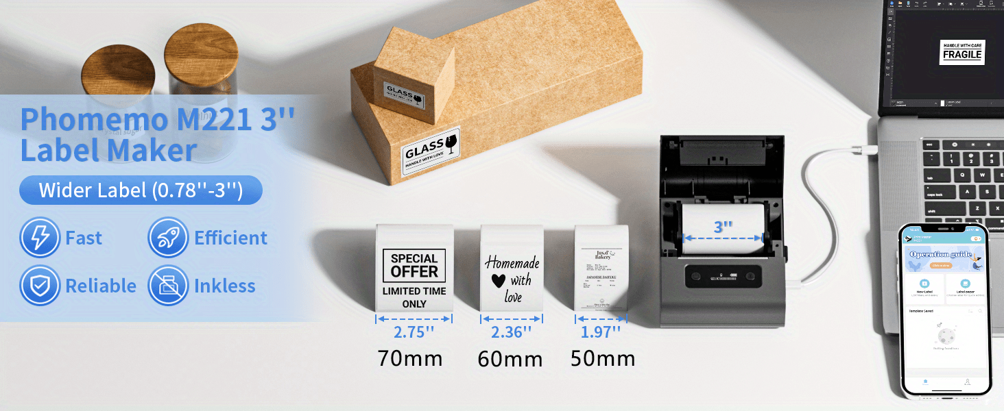 1 قطعة M221 نطاق الطباعة لصانعي الملصقات هو 20.80 مم طابعة ملصقات حرارية لاسلكية مطورة للأعمال الصغيرة والمنزل والطباعة بدون حبر لشعار عنوان الباركود المتوافق مع الهاتف والكمبيوتر الشخصي تفاصيل سوداء 0