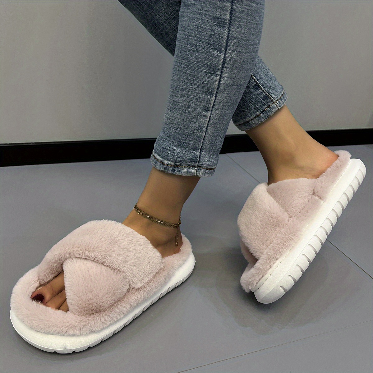 Women's Platform Fuzzy House Slippers, Open Toe Criss Cross Solid