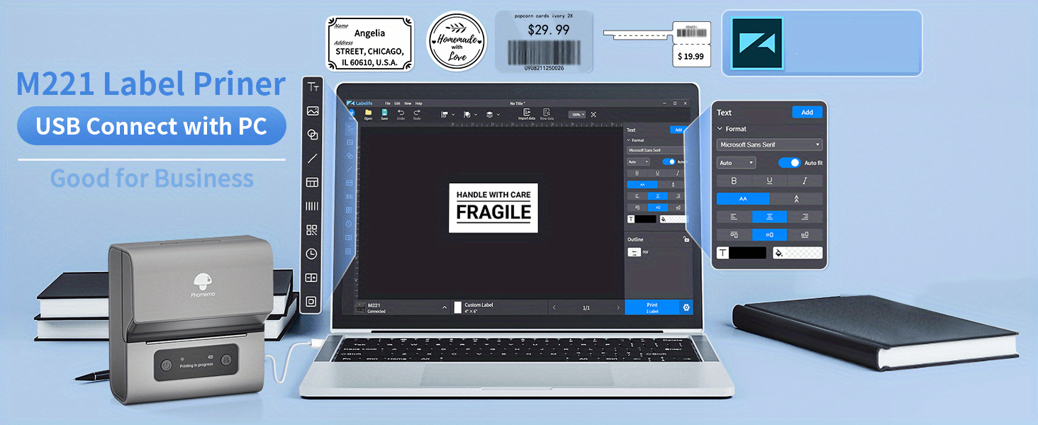 قطعة واحدة من نطاق الطباعة لصانعي الملصقات M221 هو 20.80 مم طابعة ملصقات حرارية لاسلكية مطورة للأعمال الصغيرة والاستخدام المنزلي والطباعة بدون حبر لشعار عنوان الباركود المتوافق مع الهاتف والكمبيوتر الشخصي (تفاصيل سوداء 4)