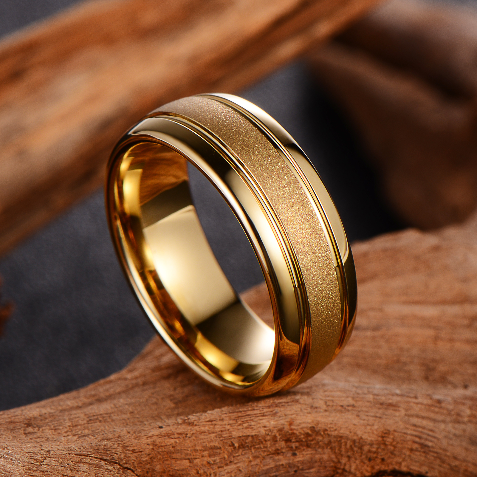 Men's Tungsten Steel Couple Ring Golden Wedding Ring Frosted Temu