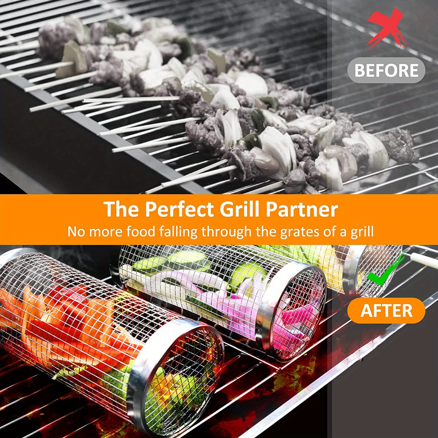 2 Pcs Rolling Grilling Basket, Grill Basket BBQ Accessories, Good Grilling  Accessories Barbecue Stainless Steel Wire Mesh Cylinder, Grill Baskets for