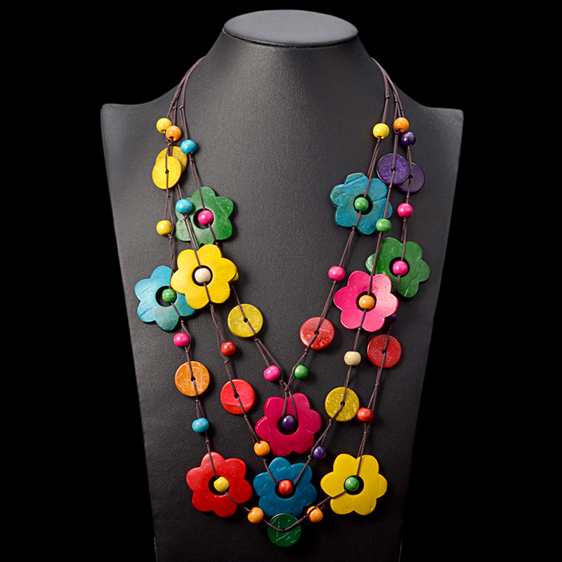 TEMU Handmade Boho Multilayer Wooden Multicolor Flower Necklace, Retro Style Wooden Rice Bead Women's Neck Jewelry Summer Beach Decor Ornament