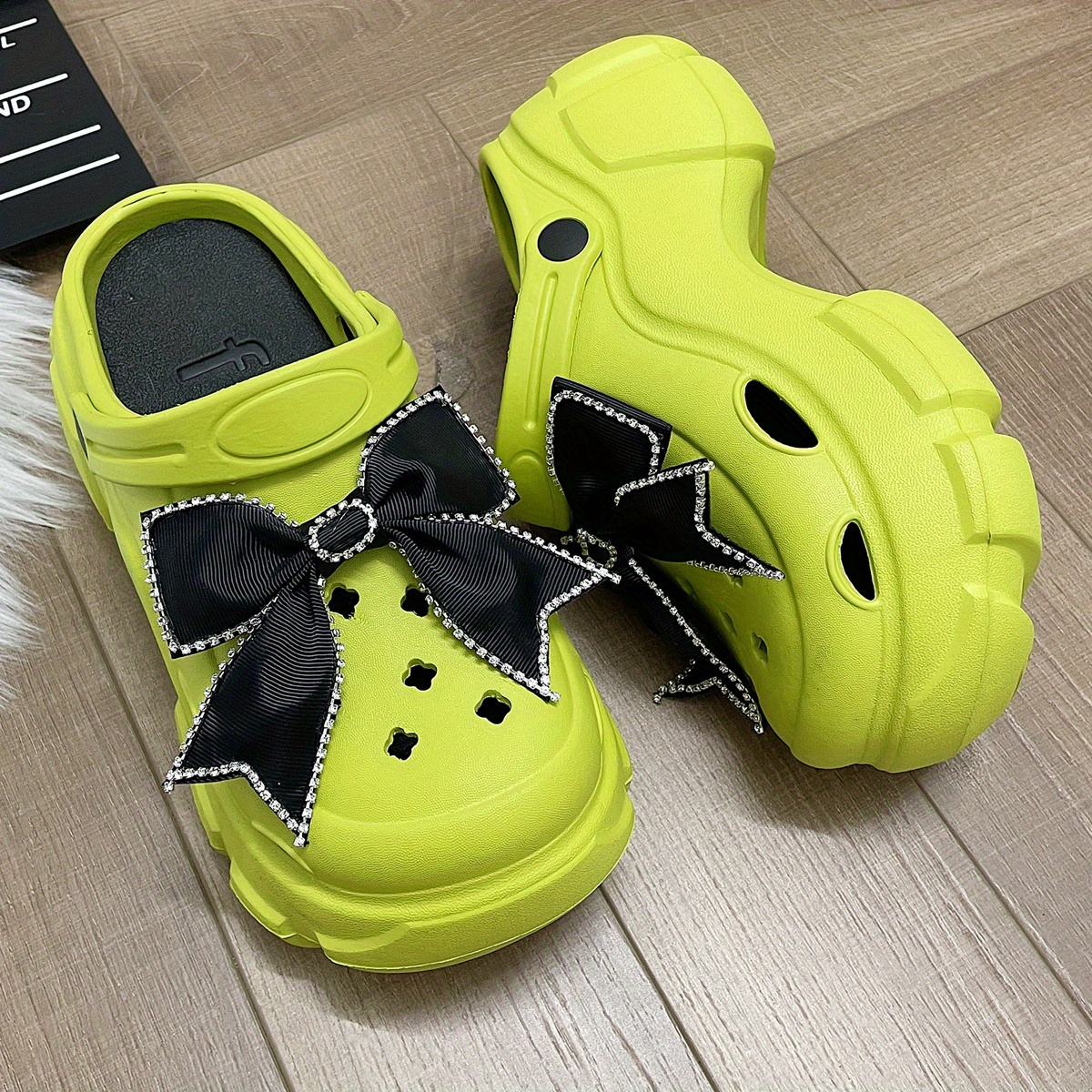 Women's Platform Chunky Clogs, Rhinestone Bowknot Eva Slide Sandals, Fashion Outdoor Slide Shoes