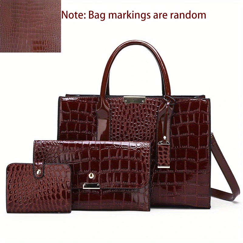 Crocodile Embossed Hand Bag Set with Shoulder Bag, Clutch Purse & Card Bag