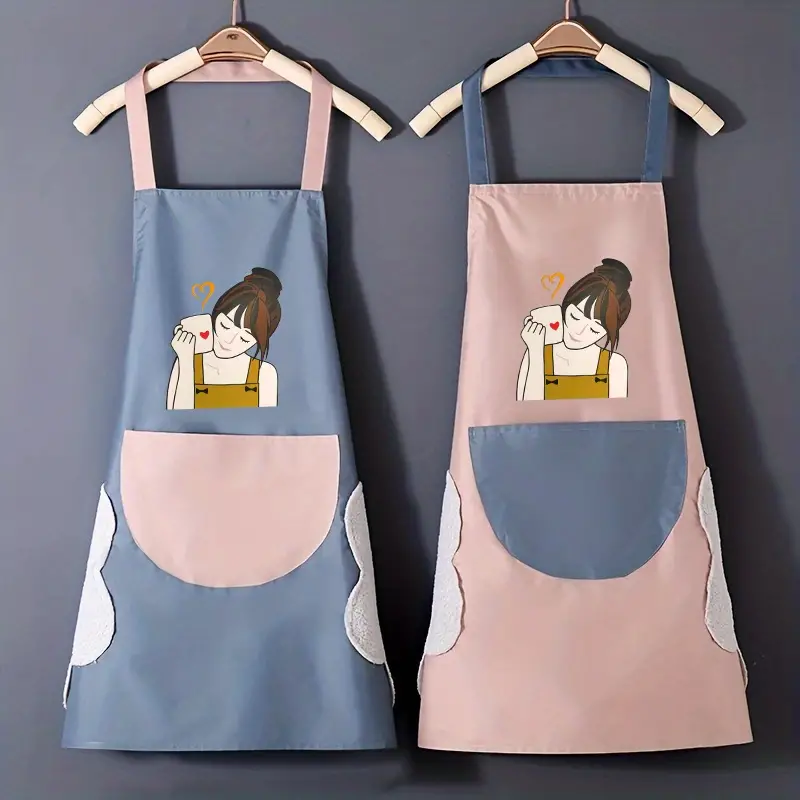 waterproof and oil proof cartoon girl print apron new kitchen home cooking transparent waist overalls details 0