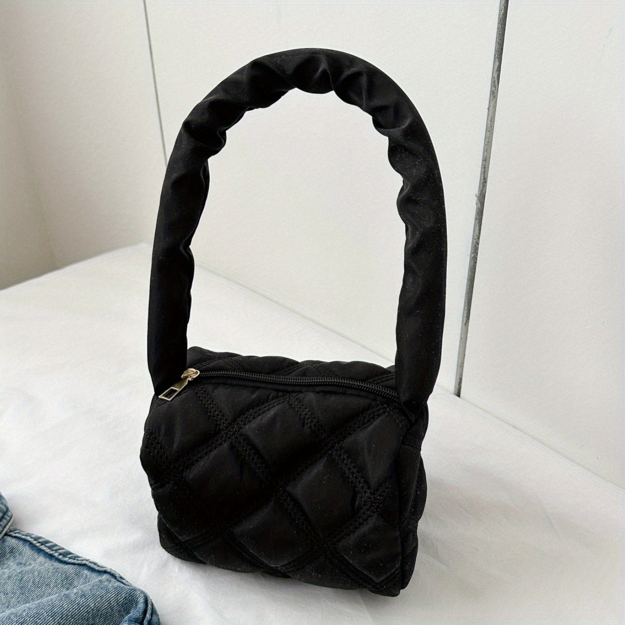Quilted Square Bag Nylon Flap Black For Daily Life