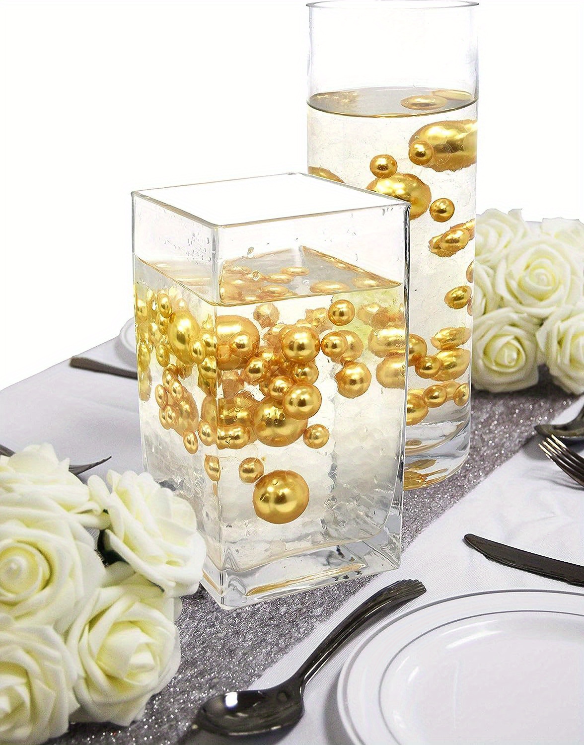 Floating White Pearls - No Hole Jumbo/Assorted Sizes Vase Decorations + Includes Transparent Water Gels for Floating The Pearls