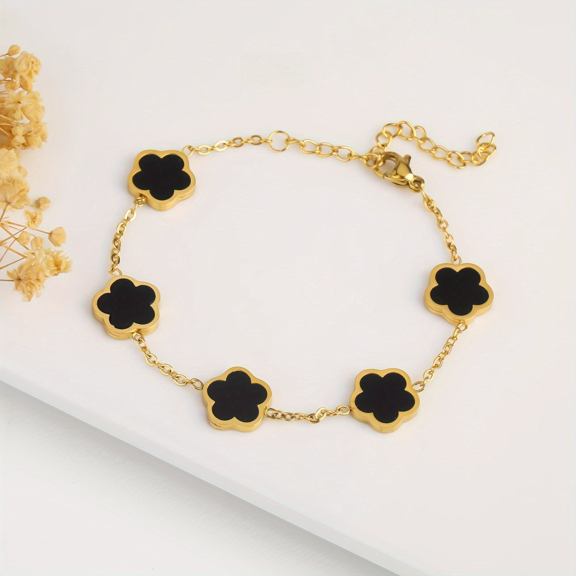 Gold Plated Black Enamel Five Leaf Clover Flower Necklace 