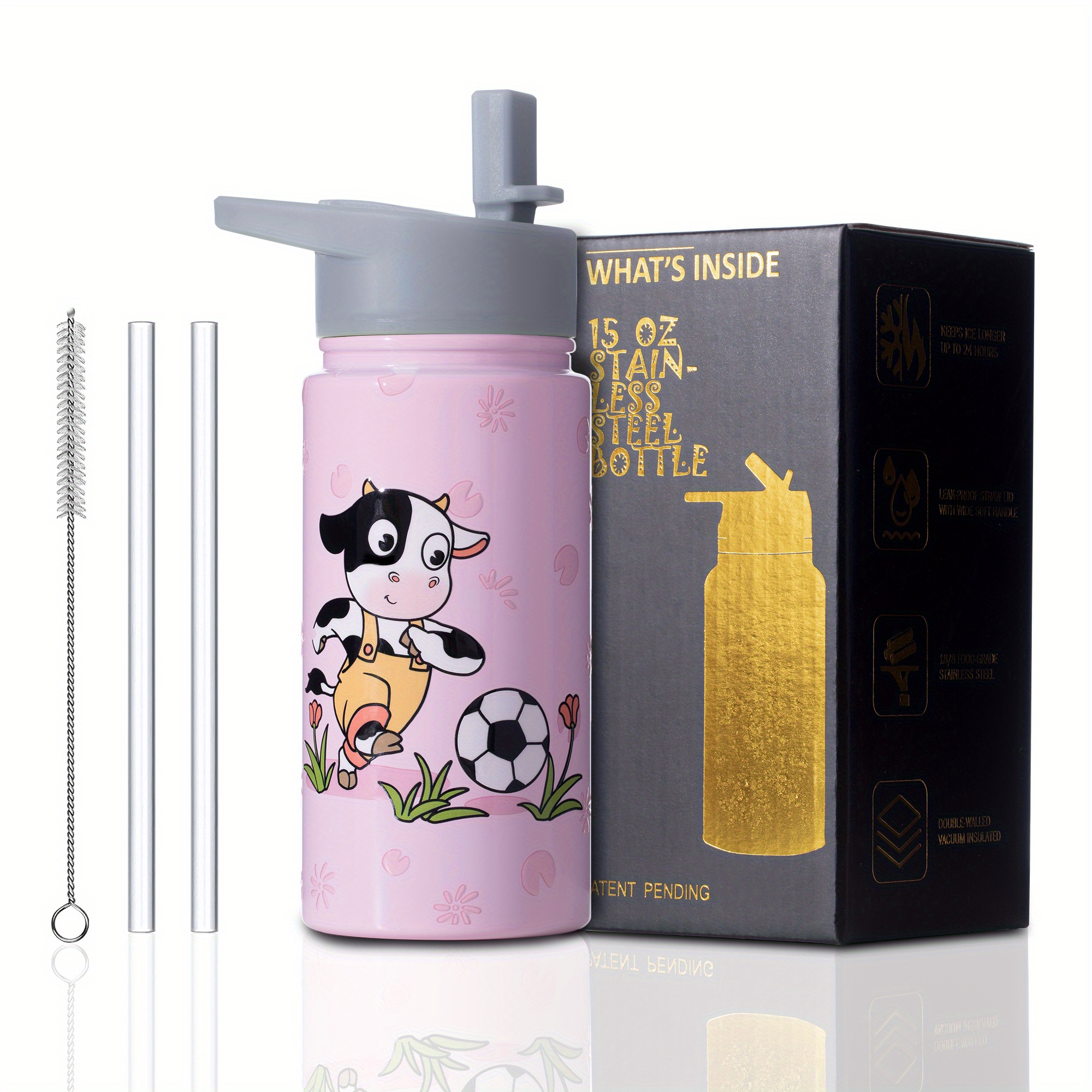 Weboia Cow Print Sport Water Bottle with Straw 4 Lids,Birthday