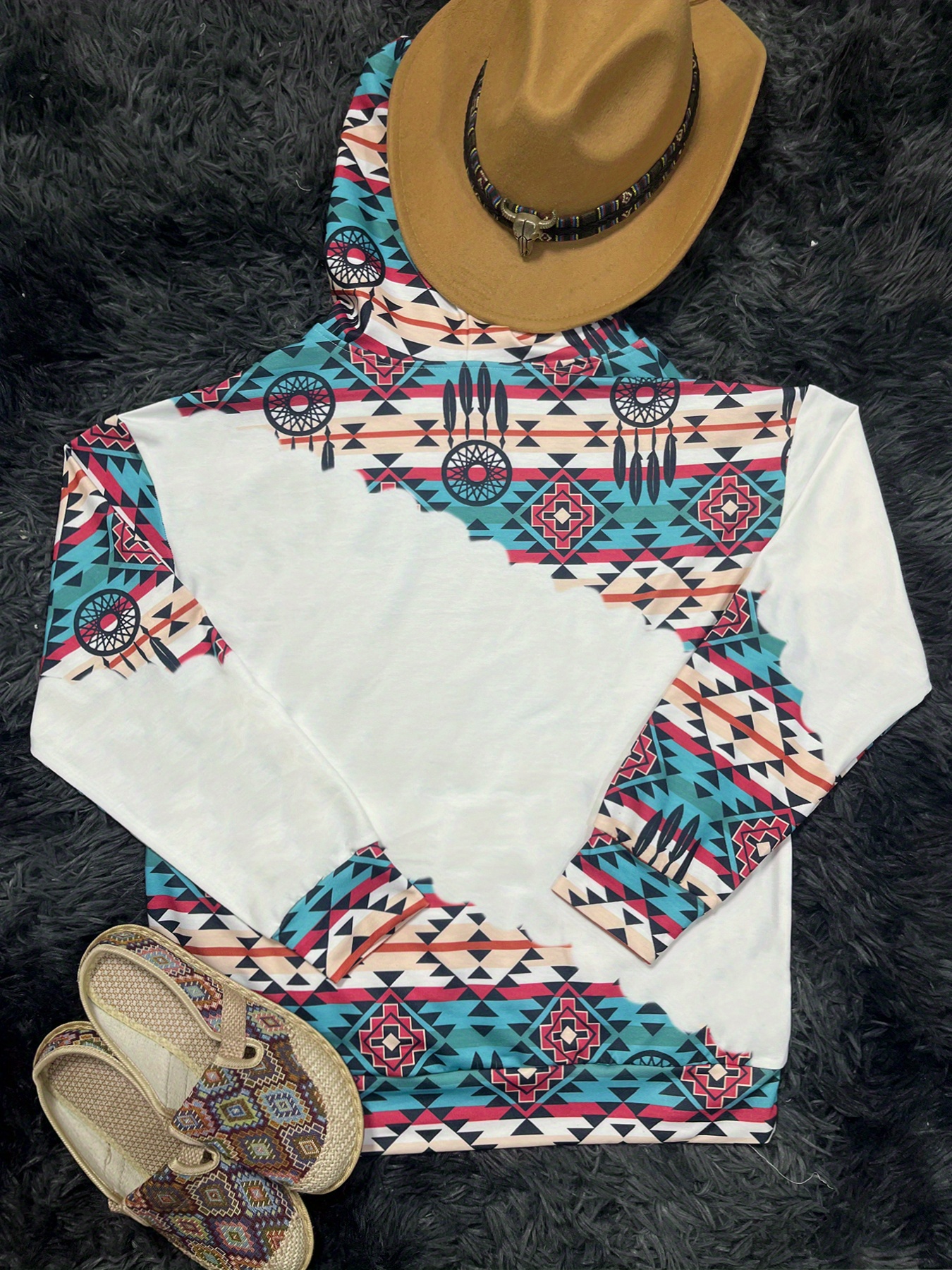 Aztec Geo Print Drawstring Hoodie Vintage Long Sleeve - Temu