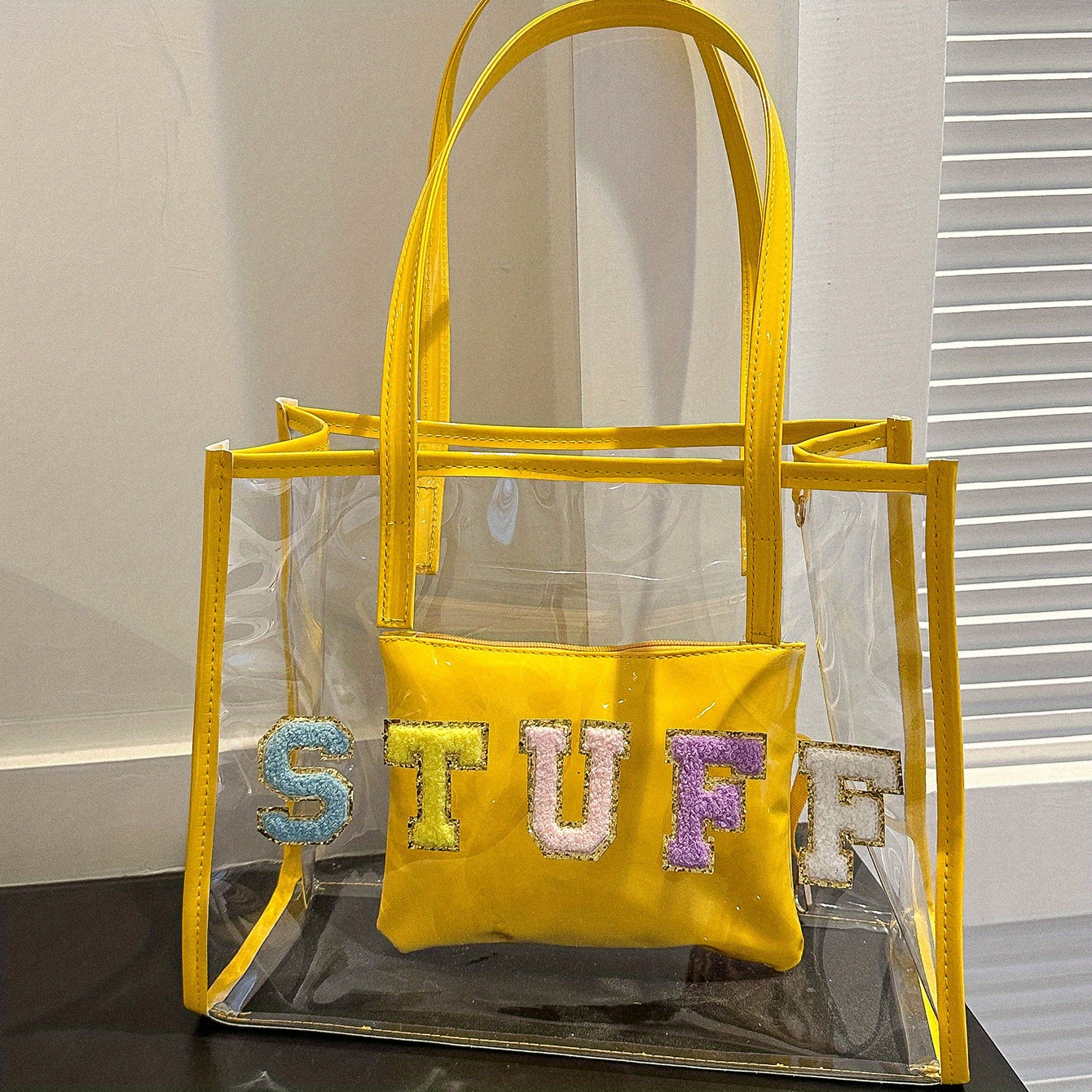 Transparent Summer Beach Bag, Chenille Letter Decor Jelly Shoulder Bag,  Trendy Waterproof Tote Bag With Inner Bag - Temu