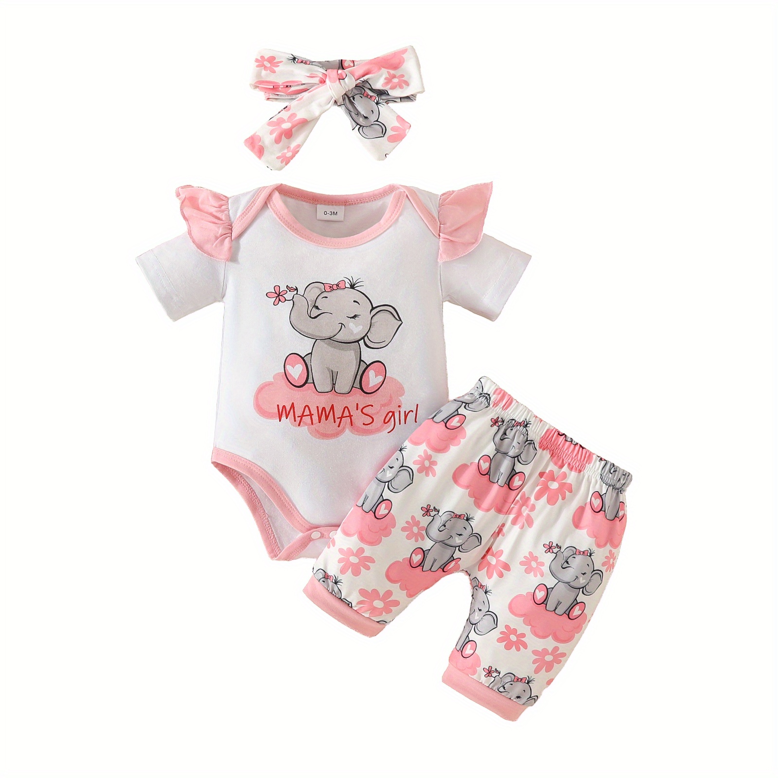 Baby Girls Cute Elephant Letter Graphic Short Sleeve Triangle Romper Shorts Hairband 3pcs Set Mommy s Girl Cute Clothes For Summer details 8