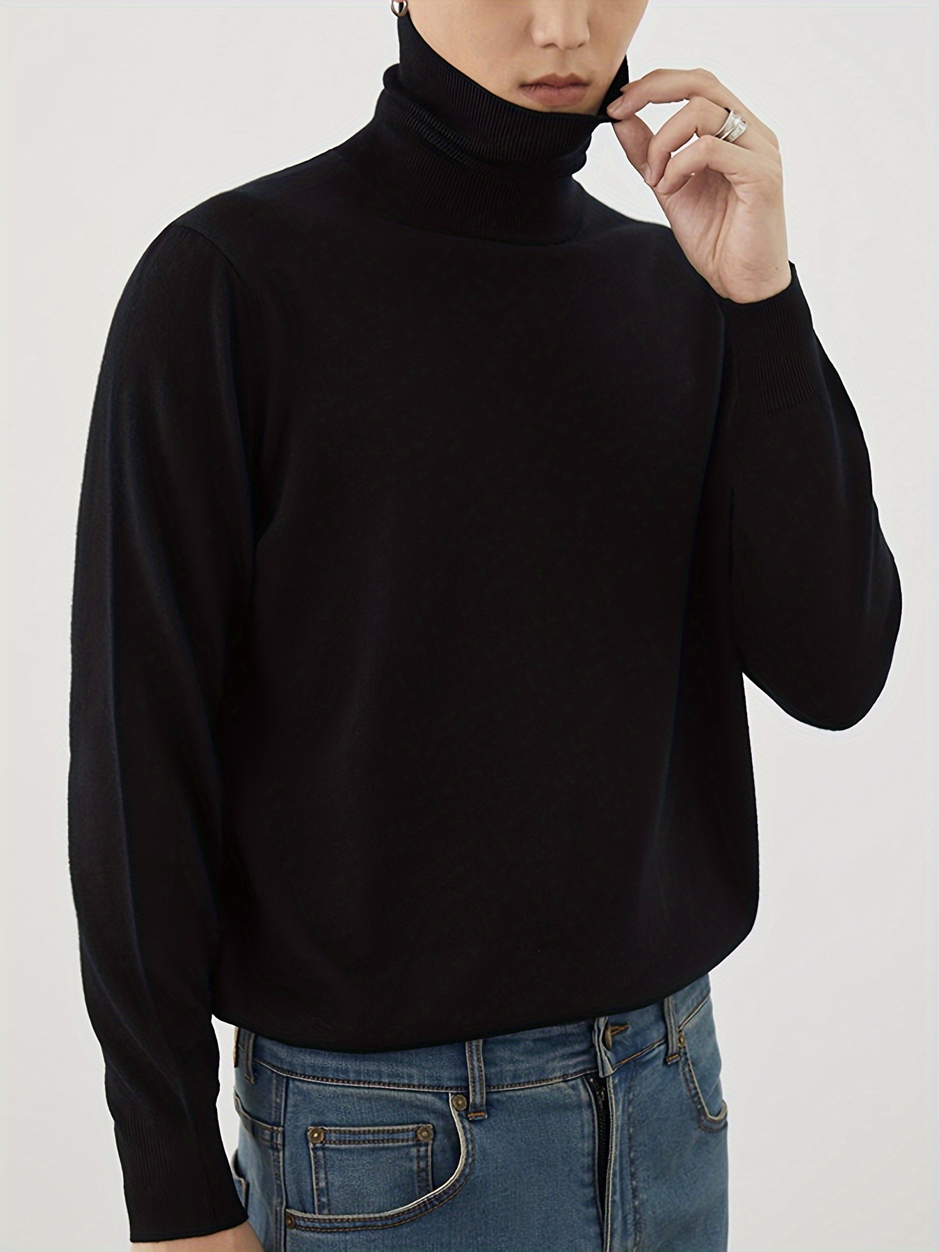 Black Turtleneck Men Knitted Sweater Classic Solid Color Casual Elasti –  Partner Pegasus