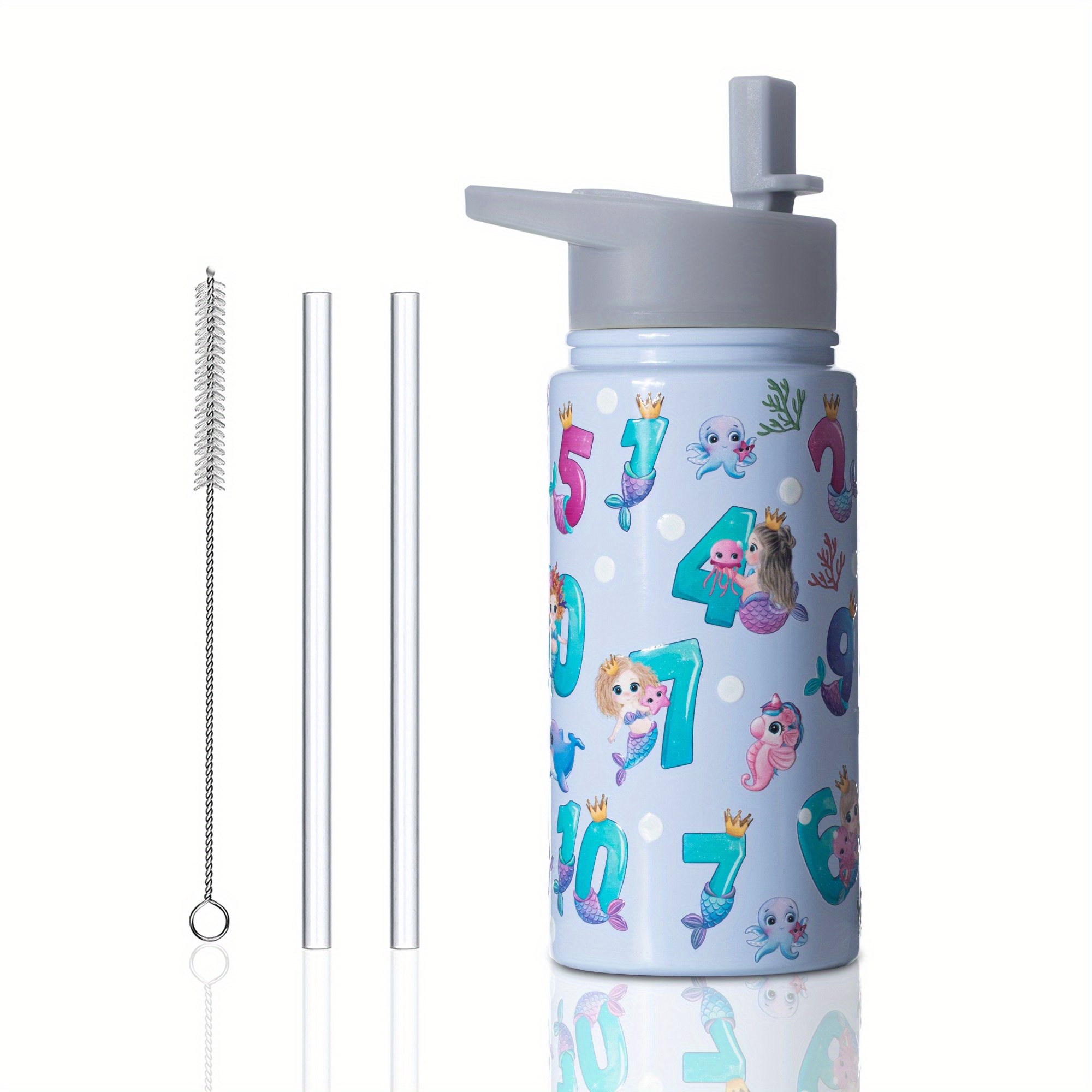 Botella de agua para niños de 12 onzas con tapas de pajilla, botella de  metal de acero inoxidable para niñas y niños
