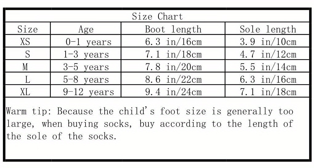 Children's sock hot sale size chart