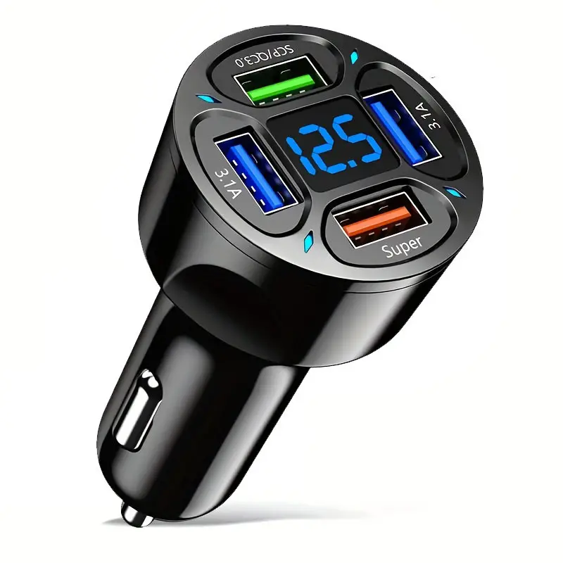 66W Car Charger 4USB Super Fast Charging With Digital Display And Ambient  Light Car Mobile Phone Charger Adapter Car Interior Accessories
