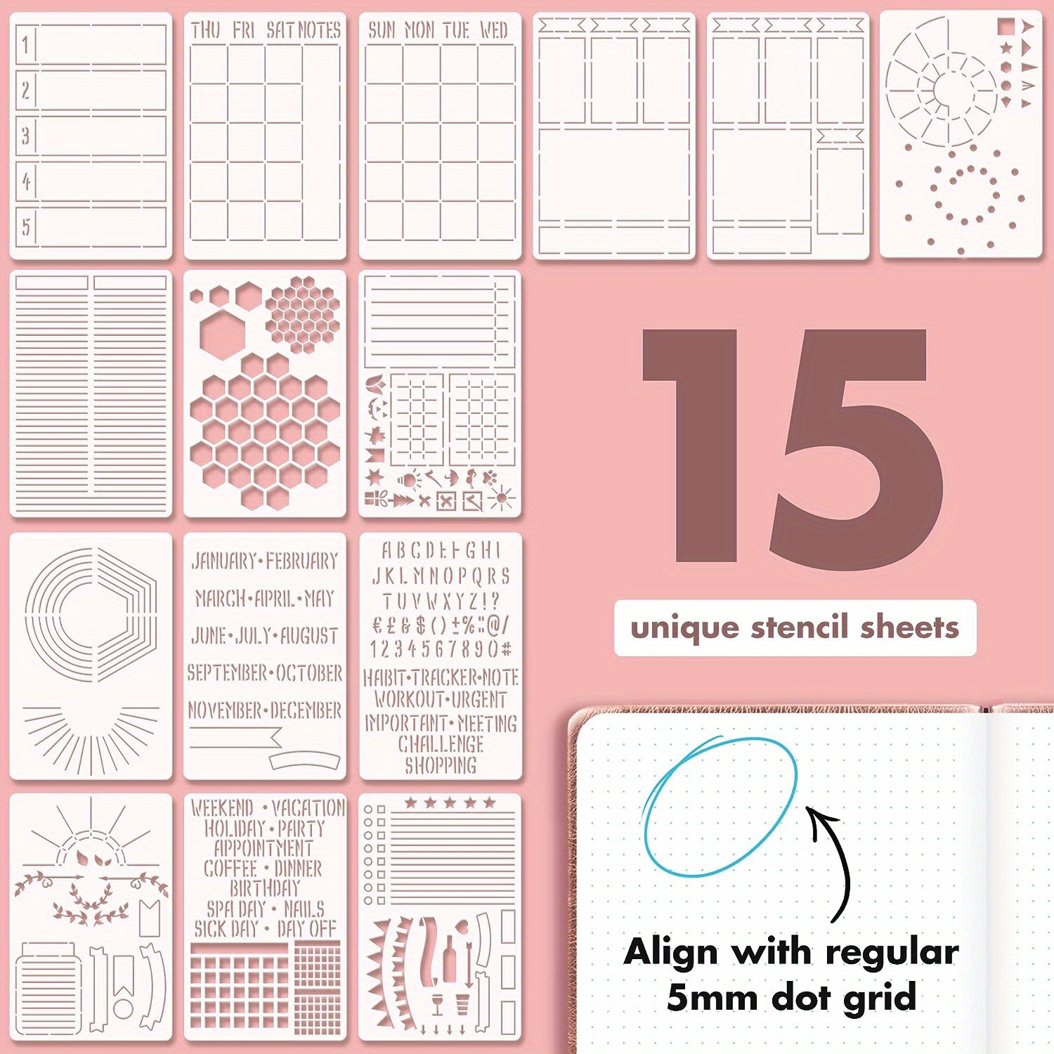 15pcs Ultimate Productivity Journal Stencil Set - Custom-Designed Supplies  For Bullet Dotted Journal Planners, DIY Templates To Create Calendars, List