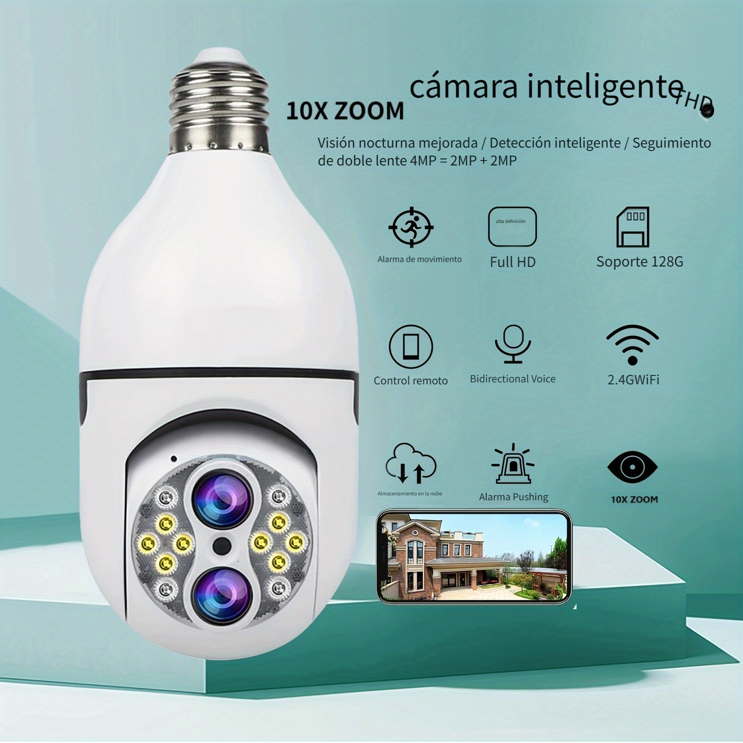  Cámara de bombilla WiFi para exteriores, cámara de seguridad  inalámbrica WiFi, cámara de seguridad, seguridad para el hogar de 360°,  cámara de vigilancia inteligente Full HD, soporte de luz (tarjeta 