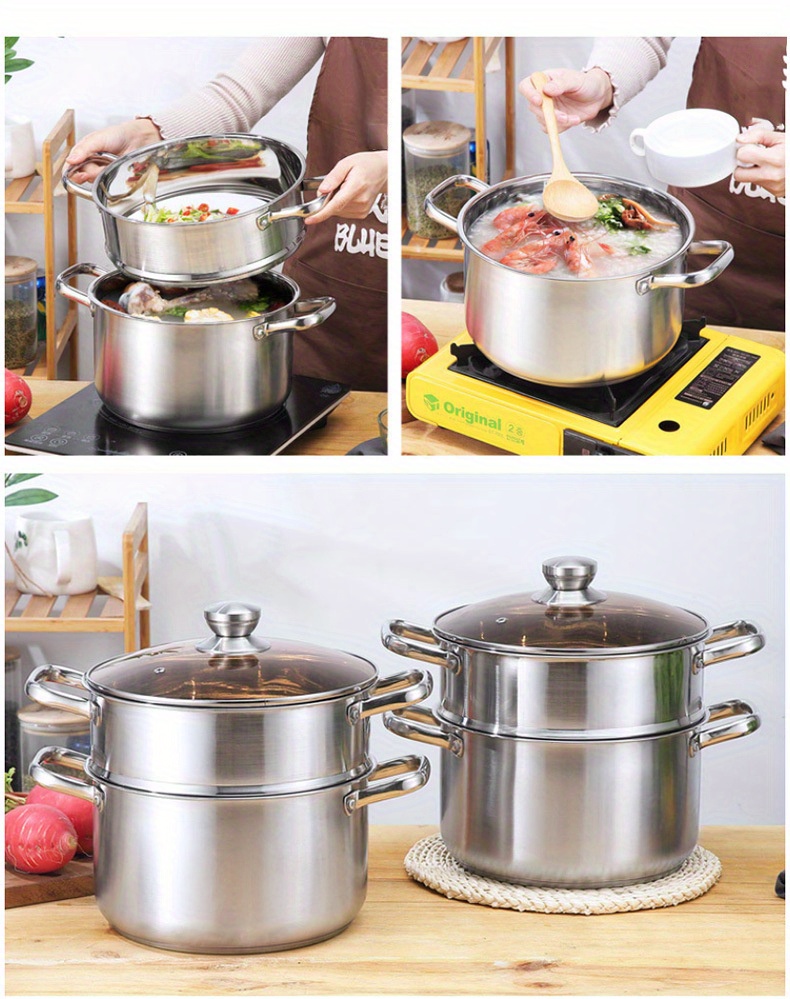 1pc, Cacerola, Olla Integrada De Acero Inoxidable Para Cocinar Y Vaporizar  Con Tapa, Universal Para Cocina De Inducción, Estufa De Gas Y Estufa Eléctr