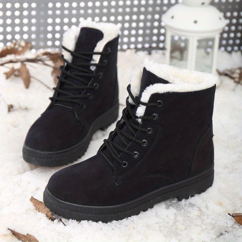 Image of Women's Round Toe Lace Up Snow Boots, Plush Inner Thermal Platform Ankle Boots, Winter Non-slip Casual Mid Calf Boots