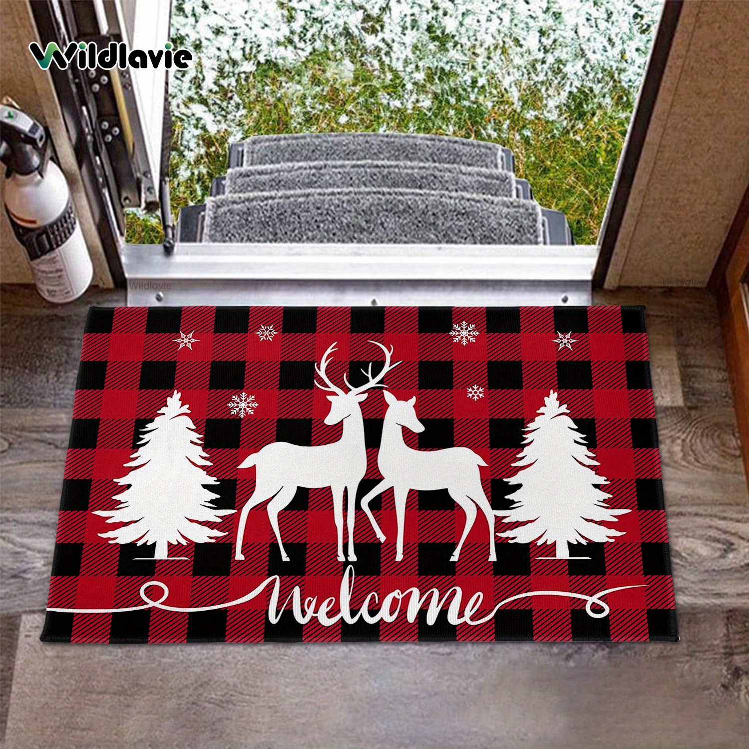 

1pc Non-slip Rectangle Door Mat Christmas Elk And Snowflakes Red And Black Lattice Pattern Rug For Home Entryway Rv Mat Indoor Carpet