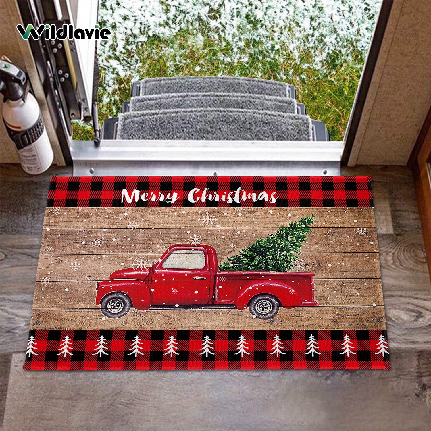 1pc Tapis De Sol De Noël Rouge Et Noir À Carreaux Sub-rayés Avec