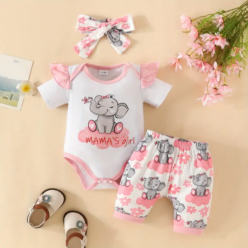 Baby Girls Cute Elephant Letter Graphic Short Sleeve Triangle Romper Shorts Hairband 3pcs Set Mommy s Girl Cute Clothes For Summer details 0