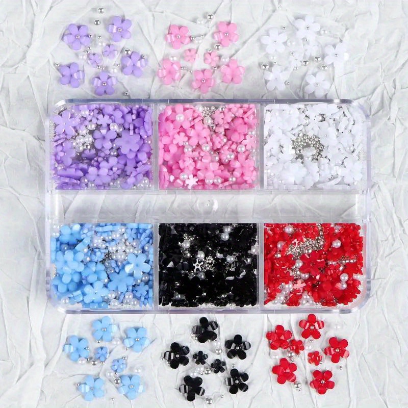 3d Flower Nail Charms For Acrylic Nails, 6 Grids 3d Nail Flowers Rhinestone  Cherry Blossom