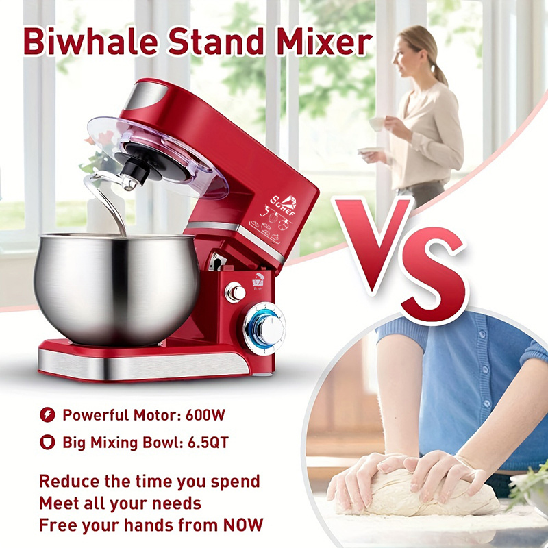  Biolomix Kitchen Electric Stand Mixer, 6-Speed Tilt-Head Food  Mixer with 6.5-QT Stainless Steel Bowl, Dough Hook, Flat Beater, Whisk and  Anti-Splash Cover, (6.5QT, Red): Home & Kitchen