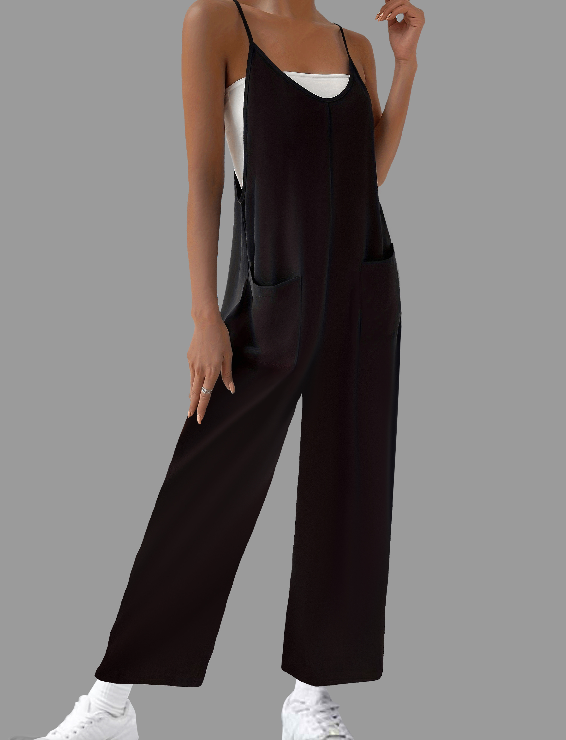 Women’s Casual Suspender Jumpsuit – V-Neck Solid Color Sleeveless One-Piece