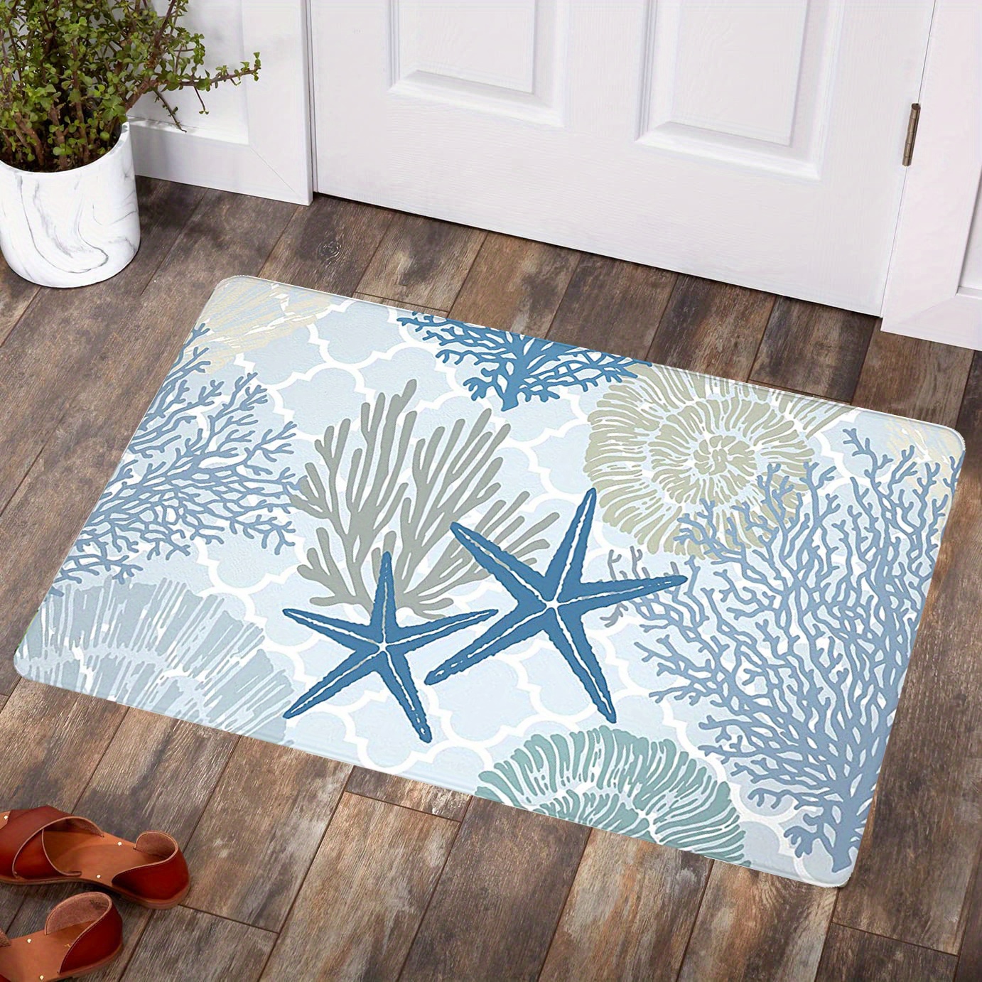 Blue Teal Coral Pattern Area Rug, Ocean Beach Theme Carpet, Non-slip  Floormat, Suitable For Bedroom Kitchen Indoor Floor Decor - Temu