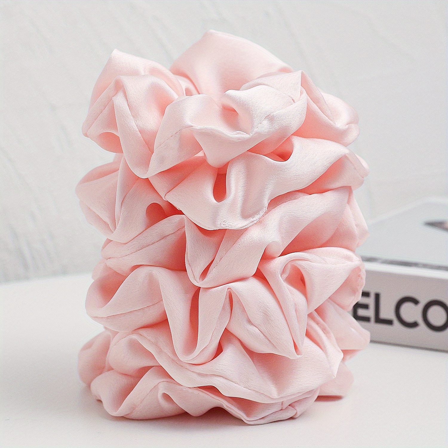 6pcs Set Of Women's Pink Satin Large Hair Rings, Daily Simple And Elegant Set