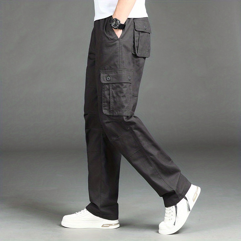 Solid Cotton Multi Flap Pockets Men's Straight Leg Cargo - Temu Canada