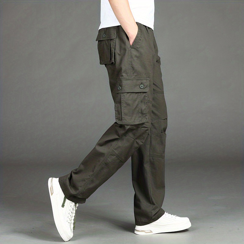 Cotton Solid Color Multi Flap Pockets Men's Straight Leg Cargo Pants, Loose Casual Outdoor Pants, Men's Work Pants Hiking Fishing