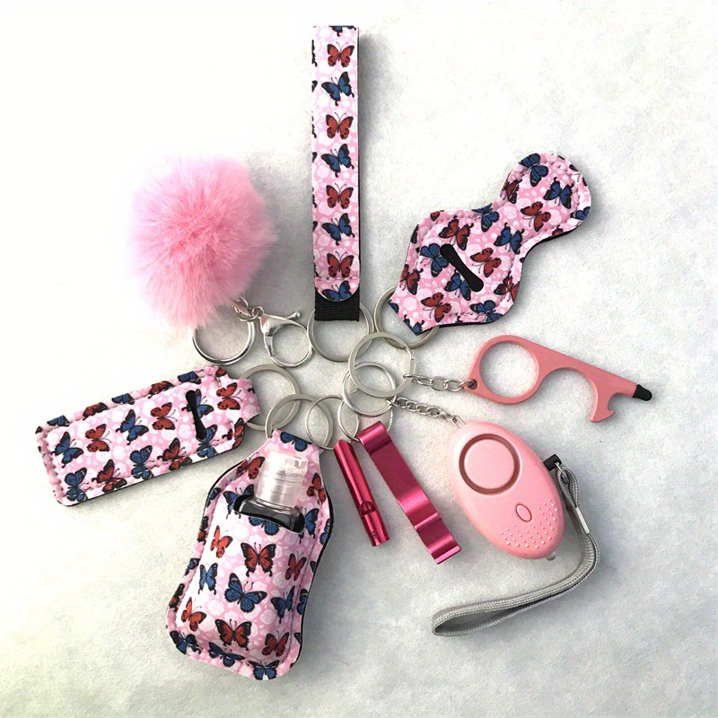 Safety Keychain Set Woman Gifts Alarm Pompom Keychain Travel - Temu