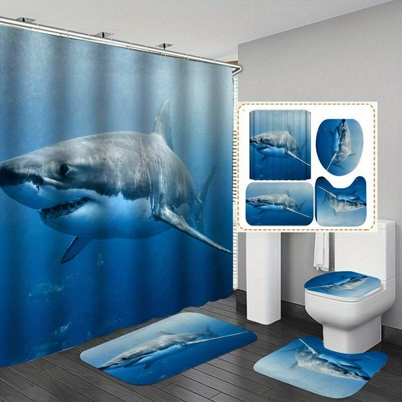 Shower Curtain Shark Pattern Waterproof 12 Hooks Non slip - Temu
