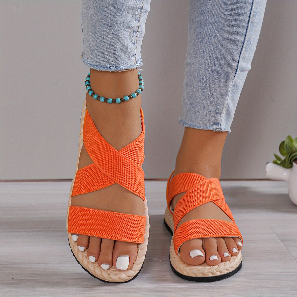 Women's Casual Flat Sandals Elastic Crisscross Strap Open - Temu